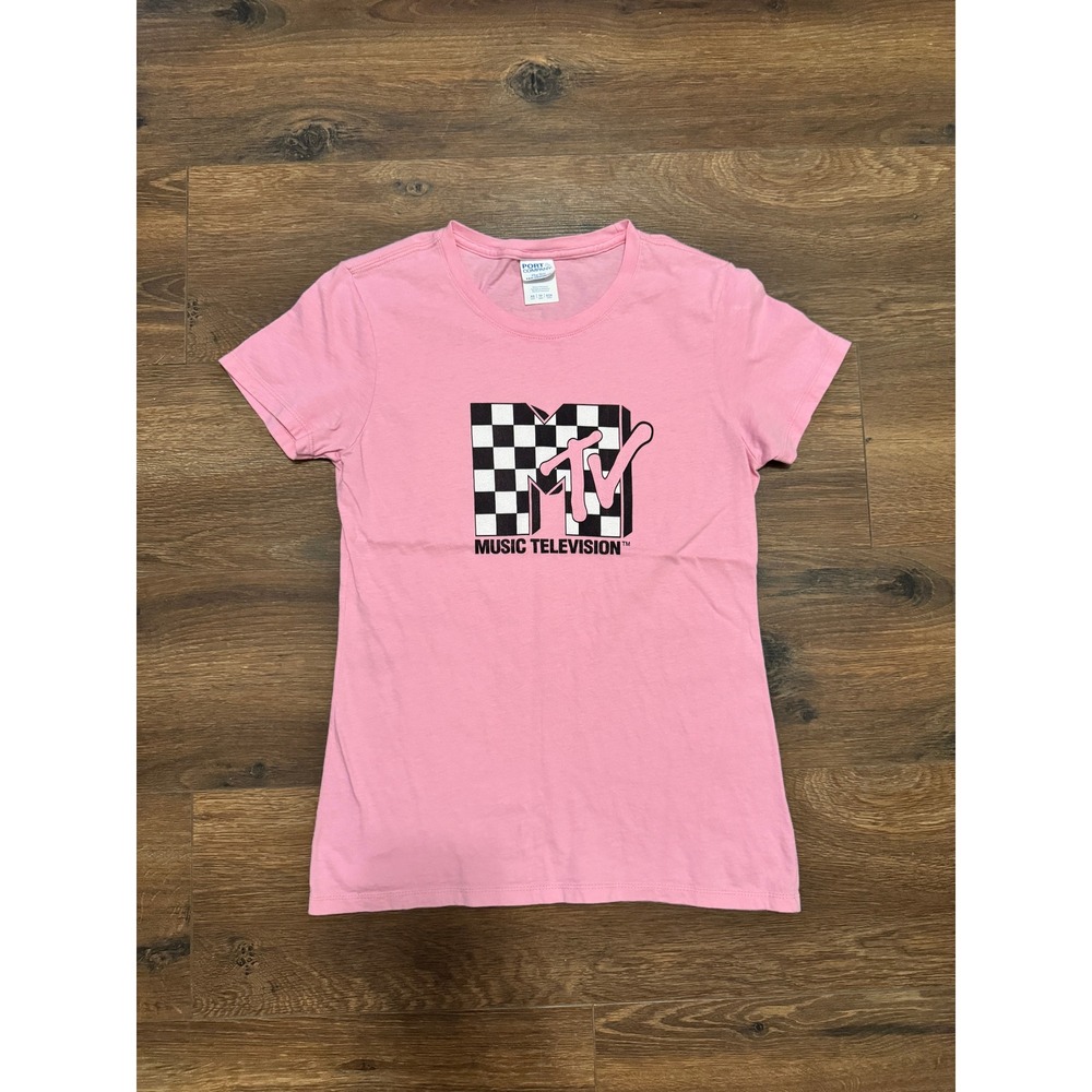 Port & Company MTV Graphic T-Shirt Pink Checkered Logo XS Ladies Retro 90s Style